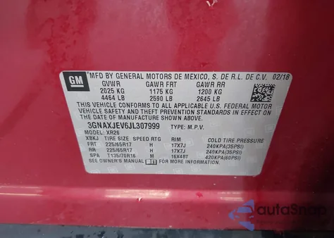 2018 Chevrolet Equinox Lt z USA, uszkodzony, nr VIN 3GNAXJEV6JL307999